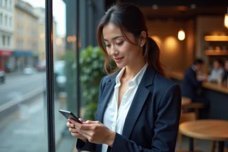 Femme professionnelle accédant à son logiciel de caisse Hairnet sur smartphone dans un café en milieu urbain