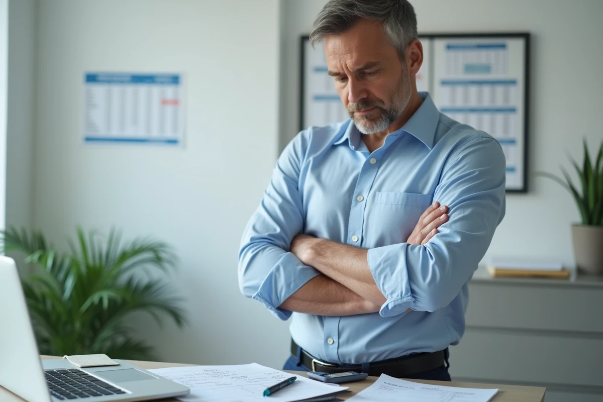 Homme préoccupé analysant des chiffres financiers liés à une activité de marketing de réseau sur ordinateur