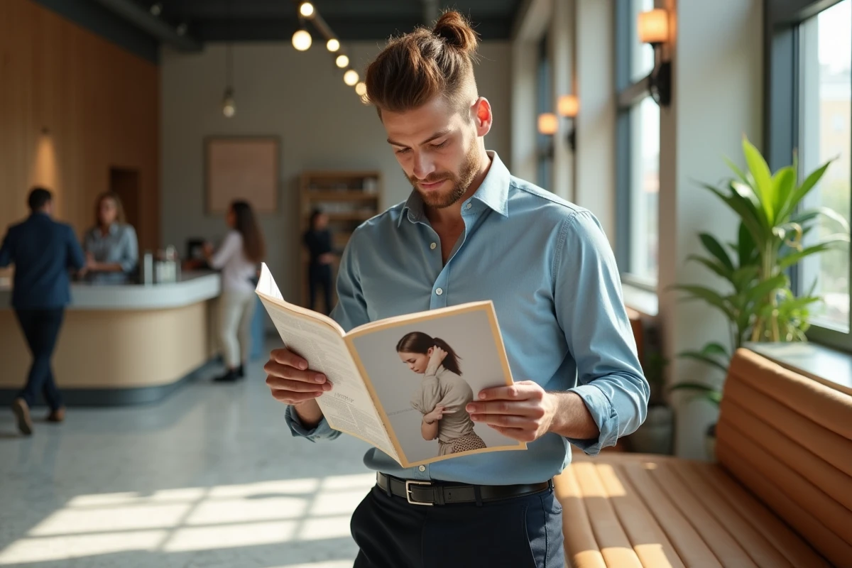 Homme lisant un magazine dans un salon moderne