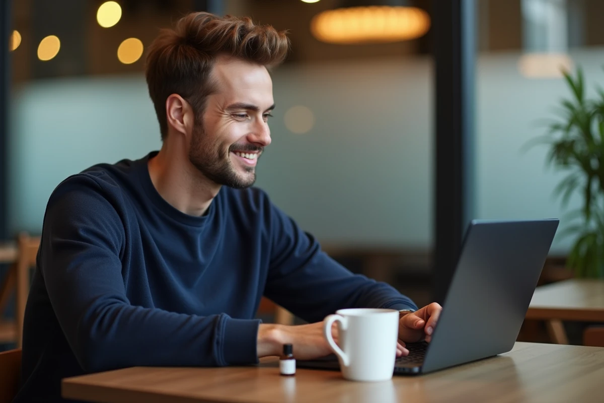 Homme consultant des avis sur des parfums pas chers en ligne dans un café, recherche comparative de parfums discount
