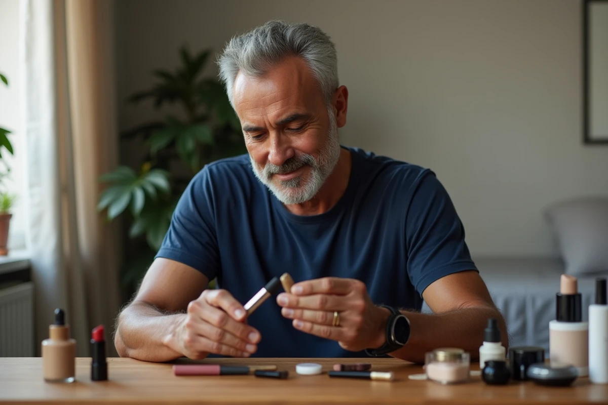 Homme regardant des produits de maquillage sur une table