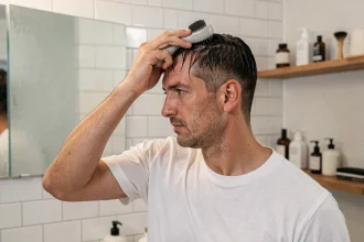 Homme utilisant une brosse massante sur son cuir chevelu dans une salle de bain moderne