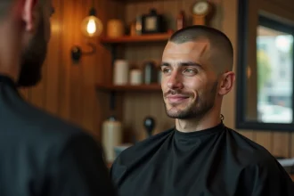 Homme aux cheveux en buzz cut assis dans un fauteuil de barbier dans un salon moderne