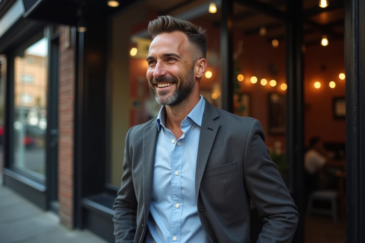 Homme souriant avec coupe tapered devant un salon de coiffure