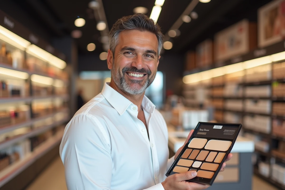 Homme souriant choisissant des échantillons de fond de teint