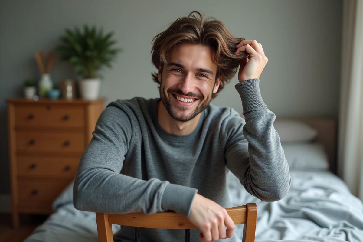 Jeune homme coiffant ses cheveux après spray anti-frizz