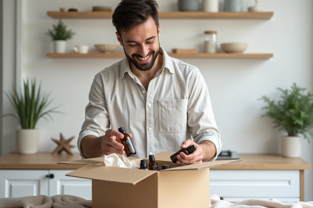 Homme déballant une commande d'huiles essentielles livrée à domicile avec livraison gratuite dans un appartement moderne