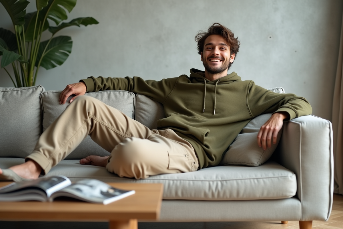 Jeune homme relaxe dans un salon moderne avec vêtements oversize