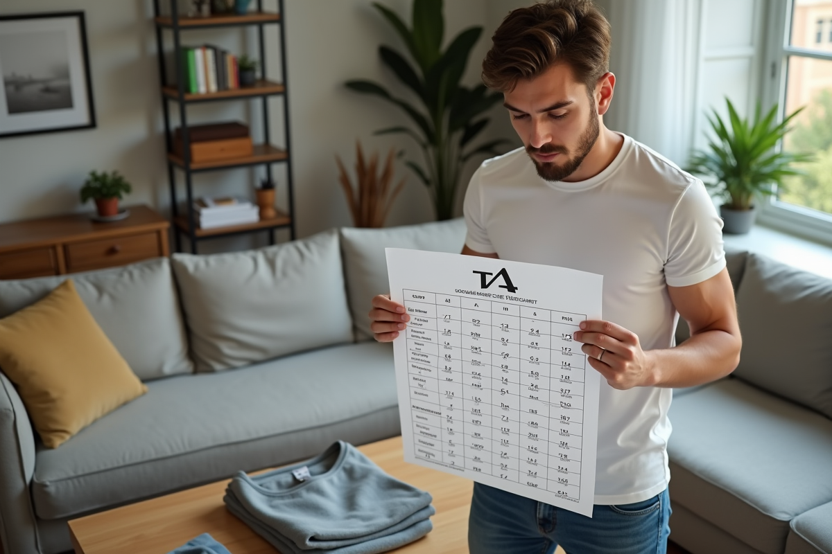 Jeune homme examine un tableau de tailles chez lui