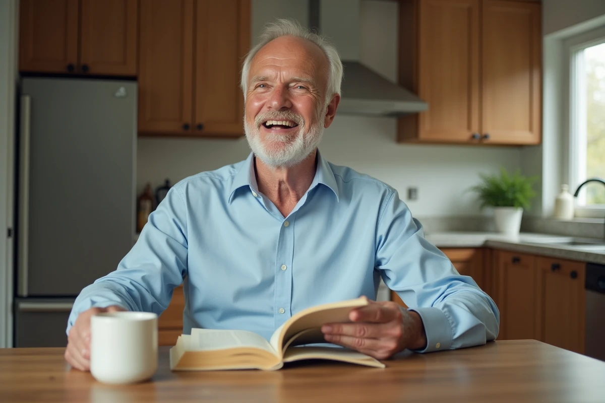 Homme de 70 ans lisant dans une cuisine moderne