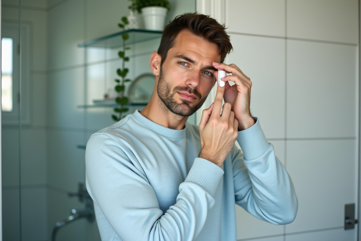Jeune homme appliquant du maquillage dans une salle de bain moderne