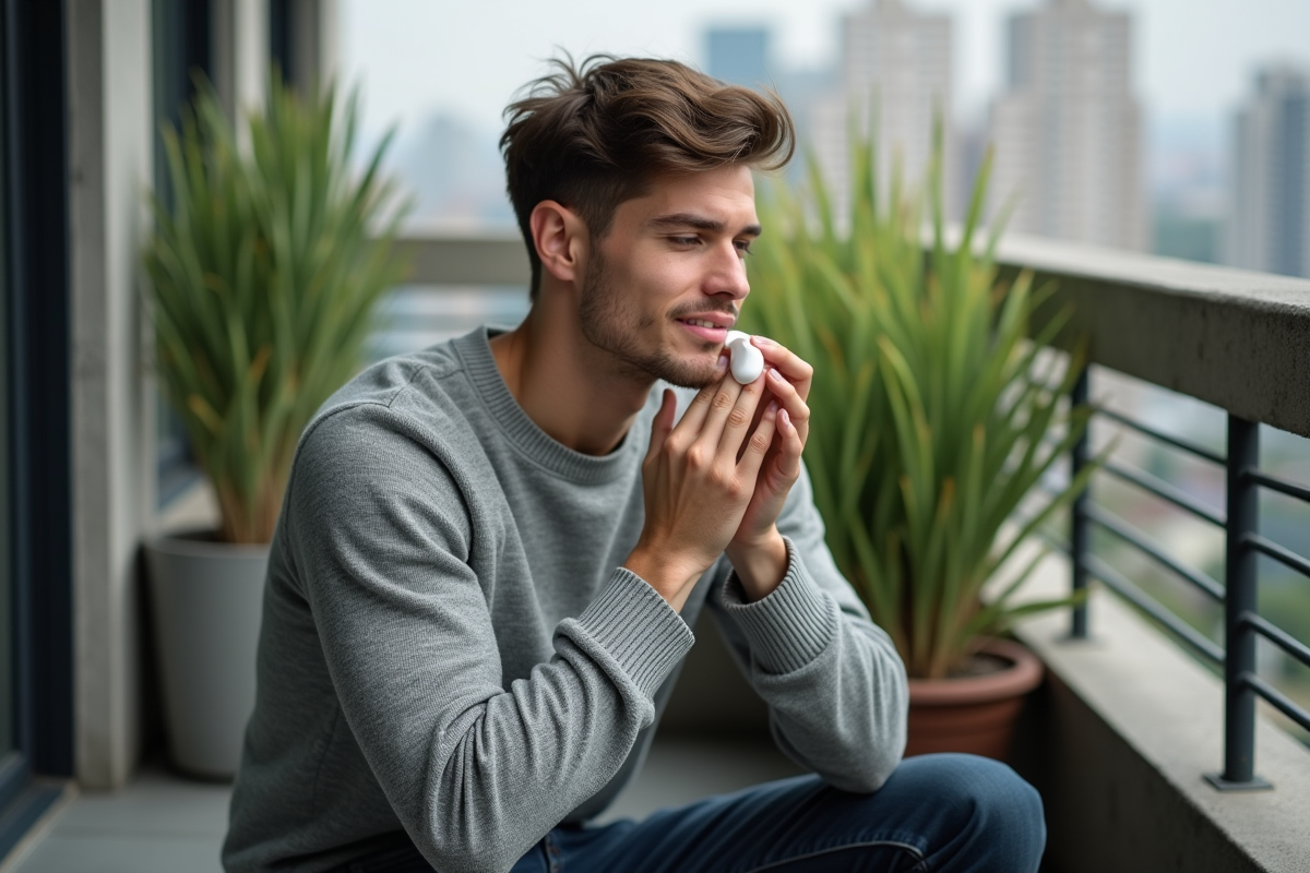 Jeune homme appliquant sa creme visage sur le balcon urbain