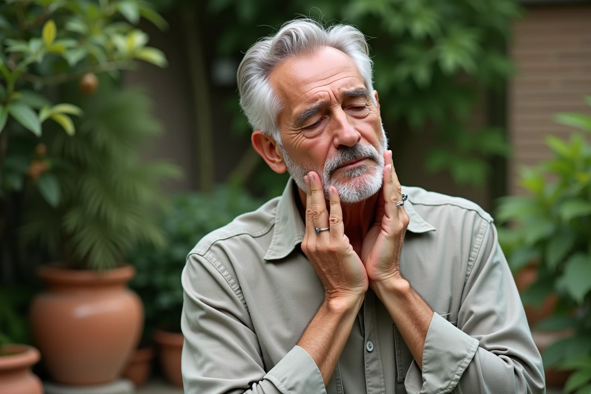 Homme âgé réalisant un massage facial dans un jardin