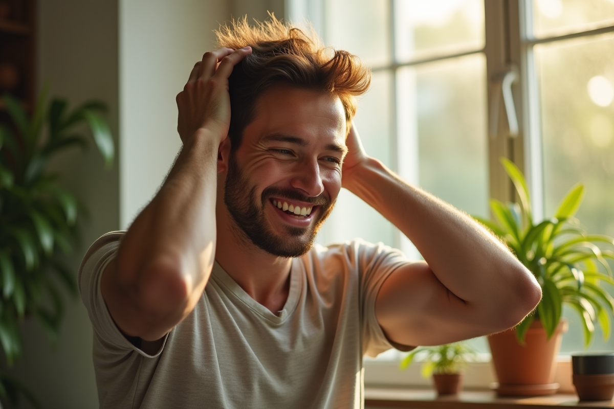 Homme se massant le cuir chevelu chez lui avec des plantes