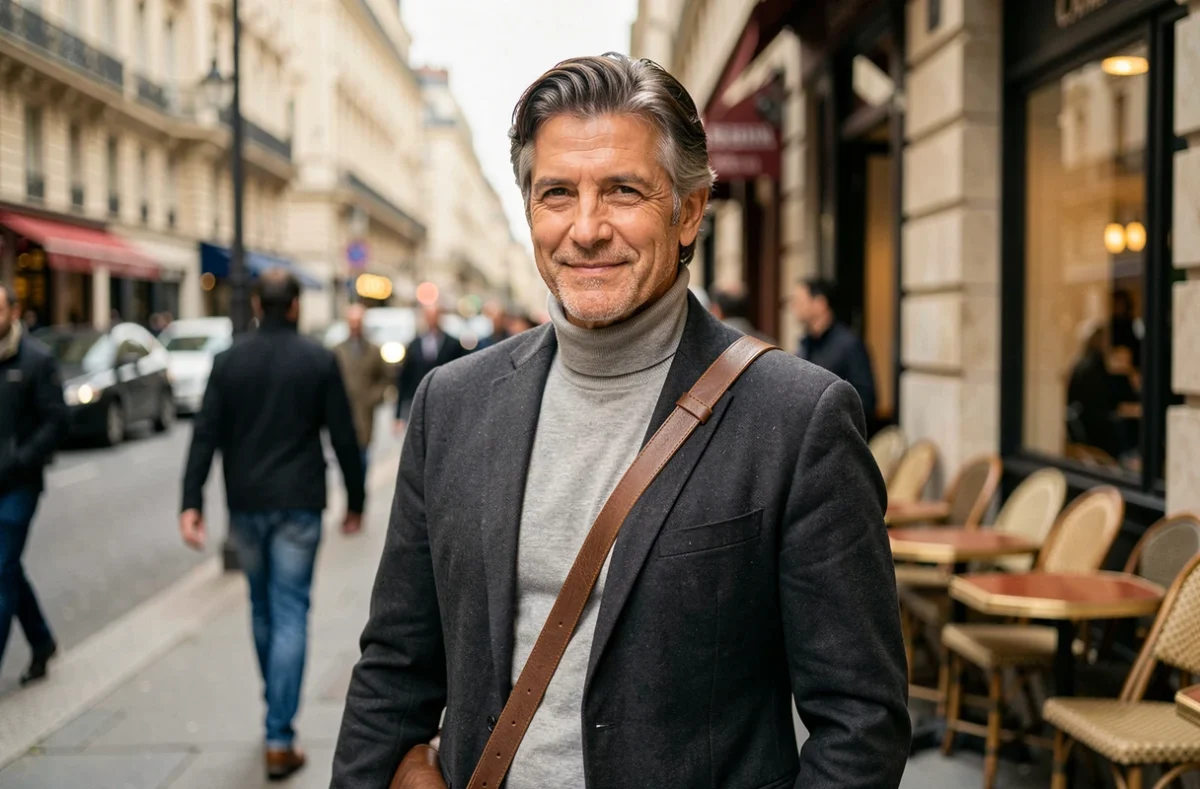 Homme mature aux cheveux brun naturel légèrement teintés marchant en ville avec élégance et confiance