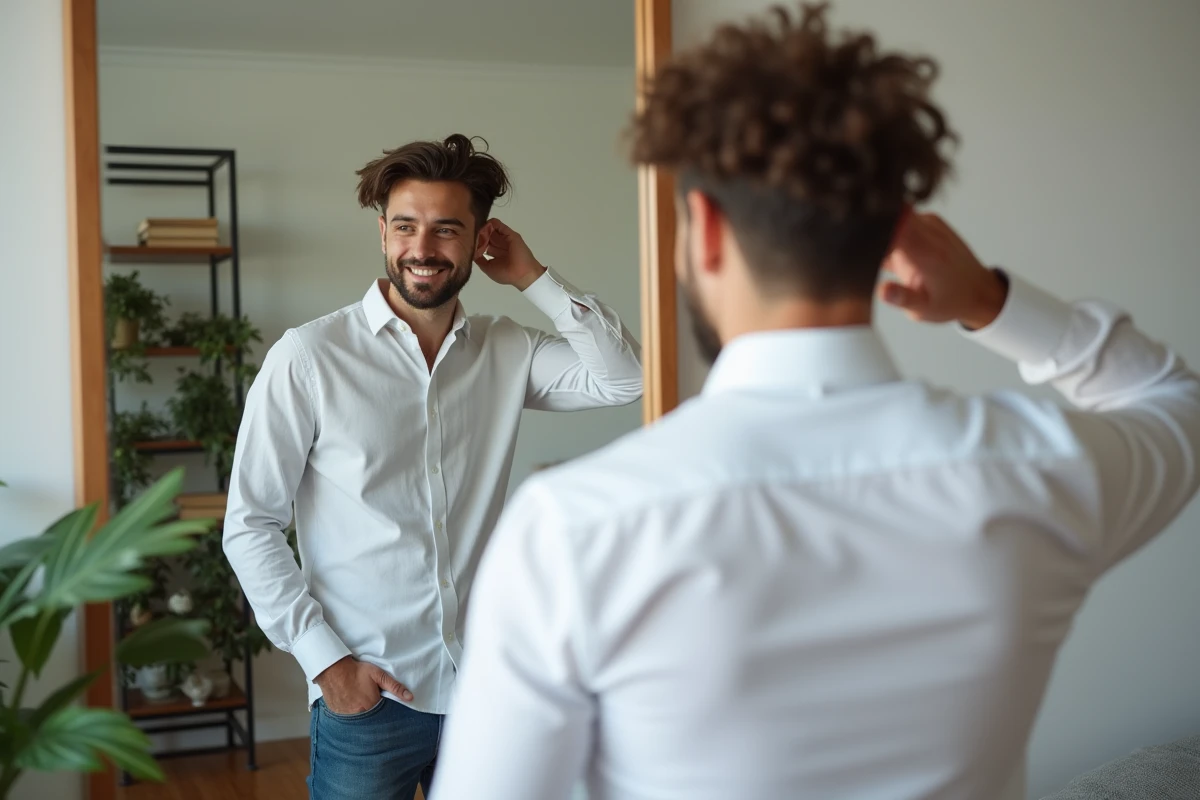 Jeune homme souriant devant un miroir après sa coupe de cheveux