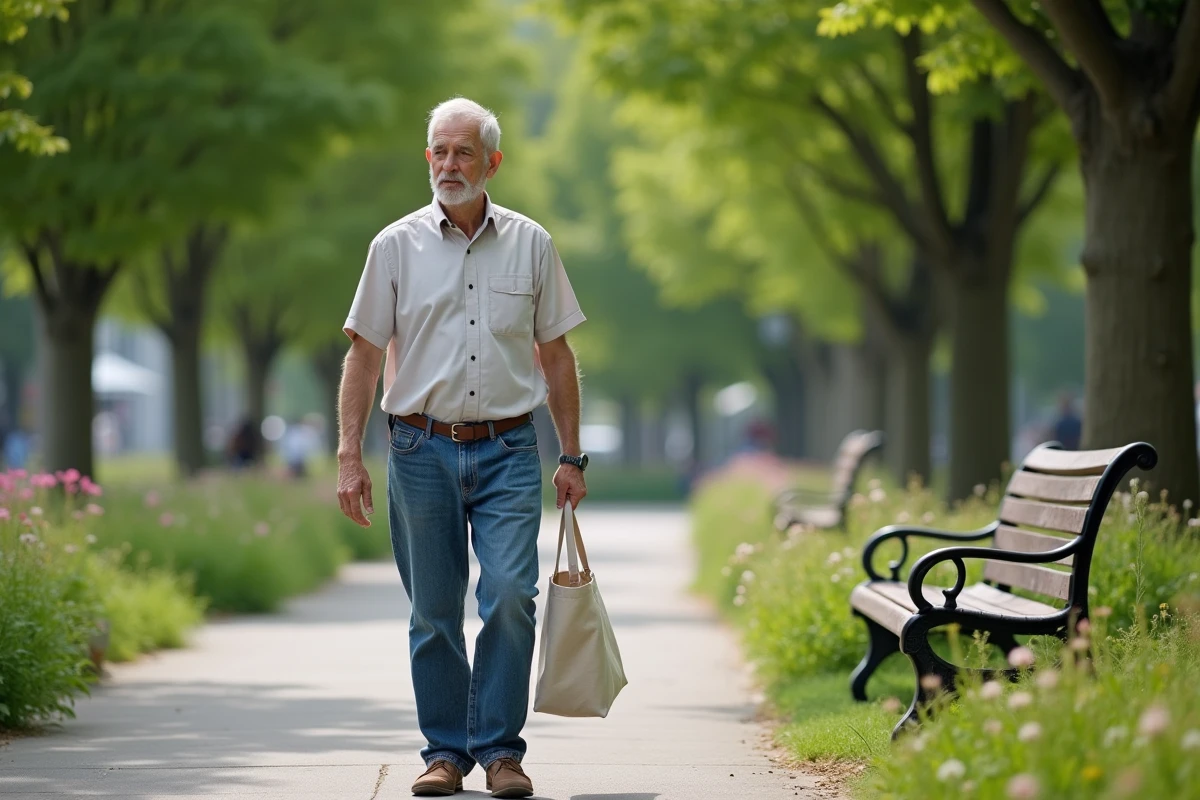 Homme âgé marchant dans un parc avec fleurs sauvages