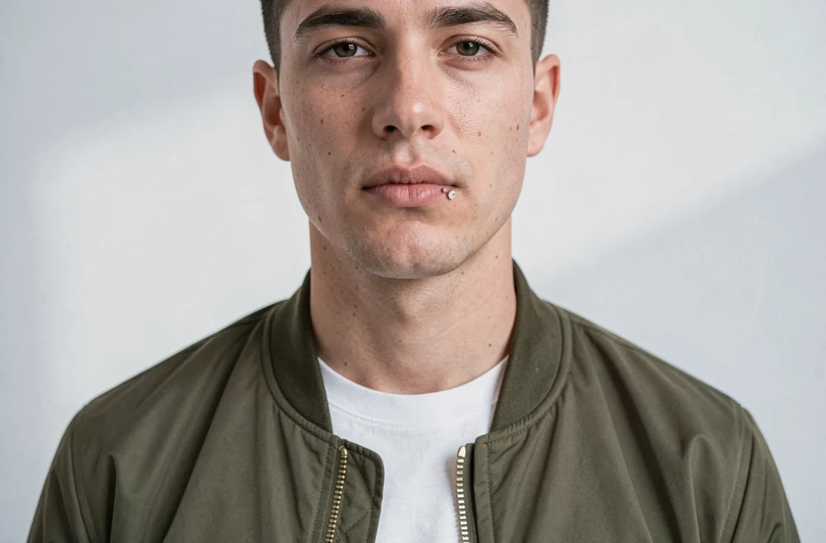 Homme avec piercing labret décalé à pierre gemme, style éditorial en studio minimaliste