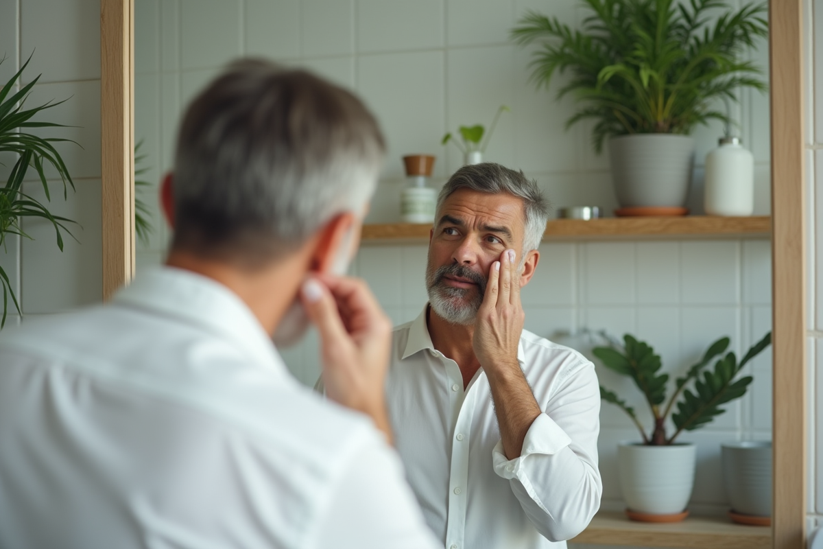 Homme se poudrant dans un miroir de salle de bain lumineuse