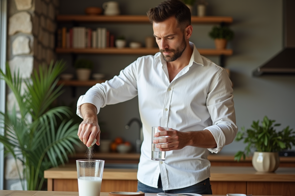 Homme versant poudre de mineral dans une gourde d