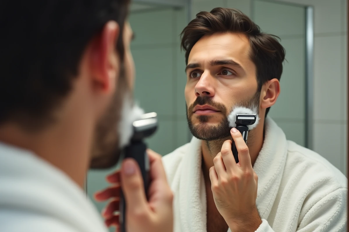 Homme se rasant avec un rasoir électrique Gillette devant un miroir de salle de bain le matin