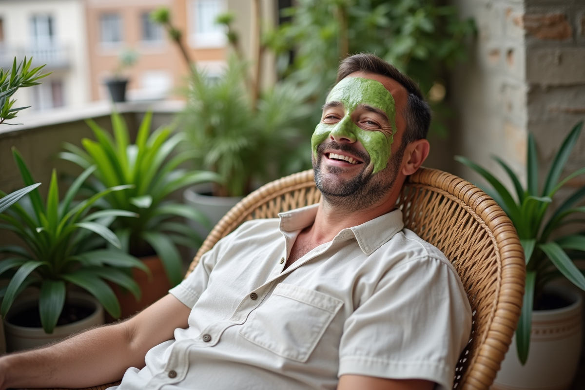 Homme détendu avec masque de concombre sur un balcon