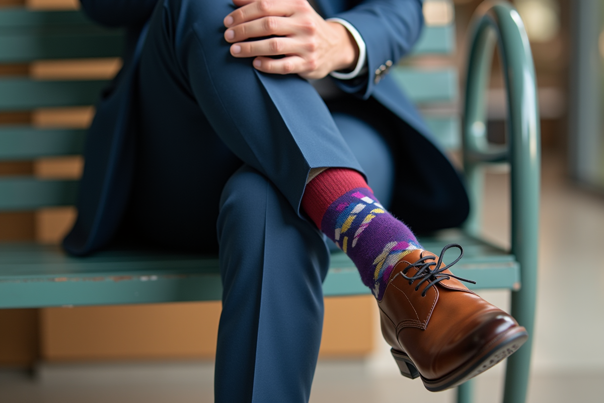 Homme élégant portant des chaussettes colorées avec costume