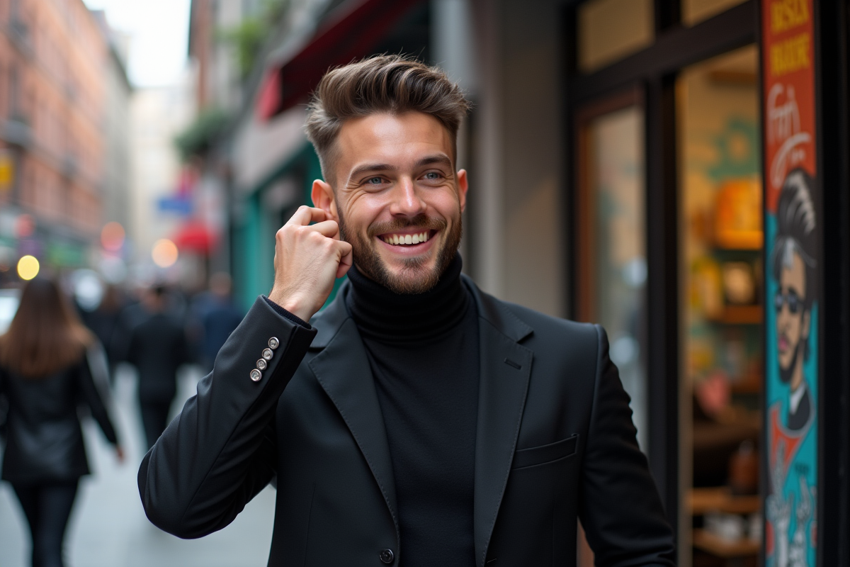 Homme moderne avec coiffure undercut dans rue animée