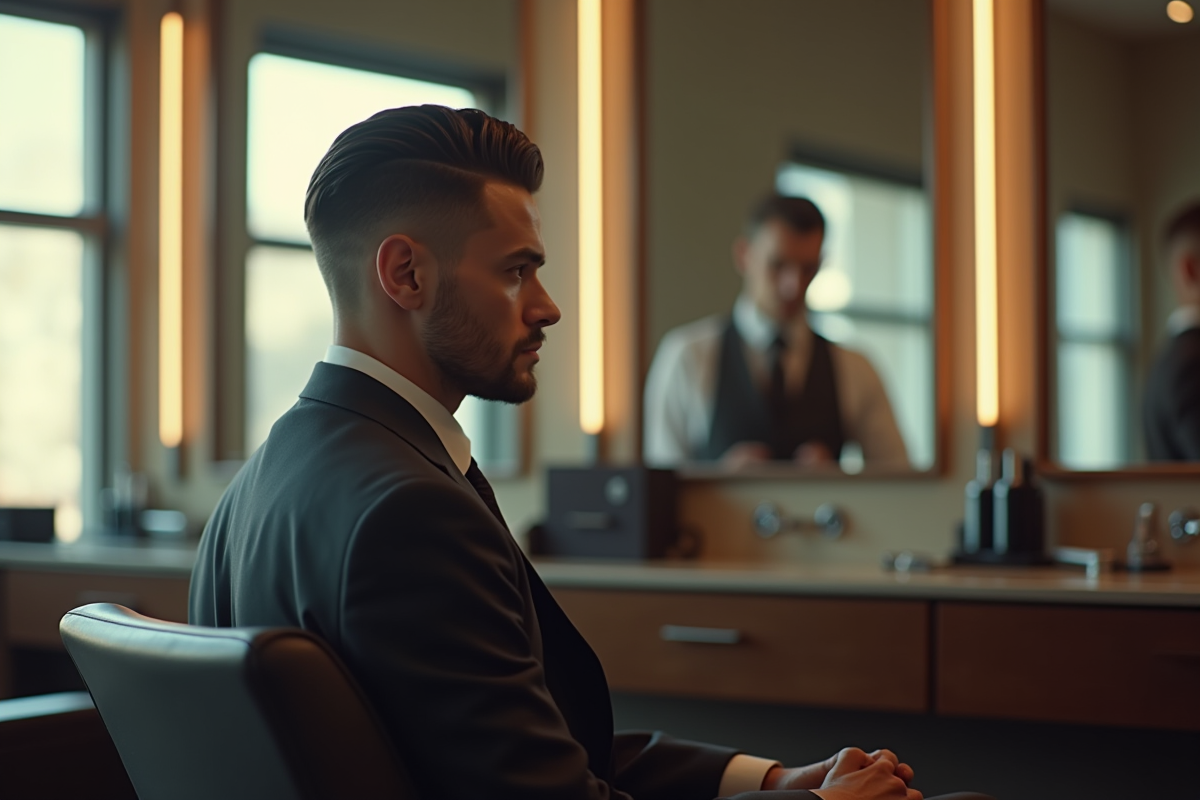 Homme en costume dans un barbershop lumineux et minimaliste