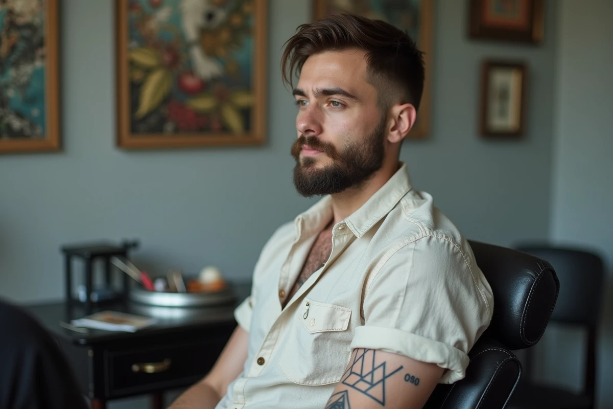 Homme en studio de tatouage se faisant tatouer un motif trois triangles géométrique sur le bras