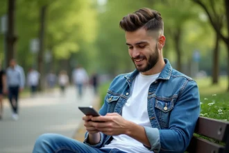 Homme élégant en t-shirt blanc et veste en denim dans un parc urbain