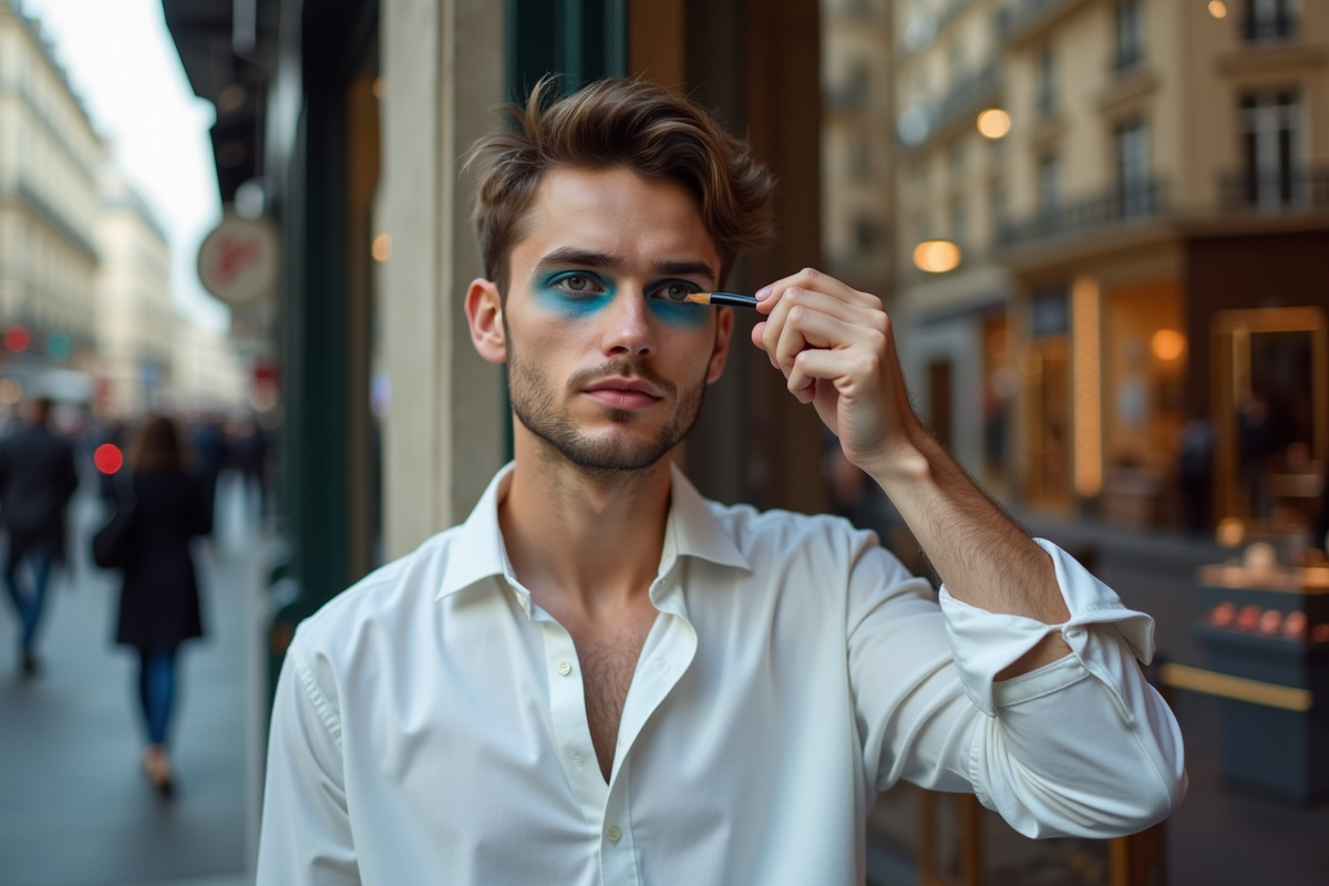 Jeune homme appliquant un maquillage yeux dans une rue parisienne
