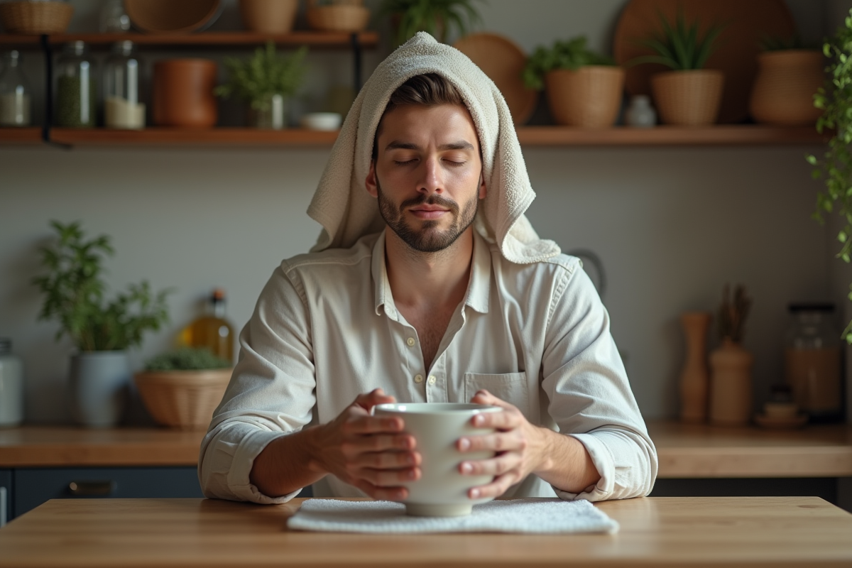 Homme se faisant un soin visage à la vapeur dans la cuisine