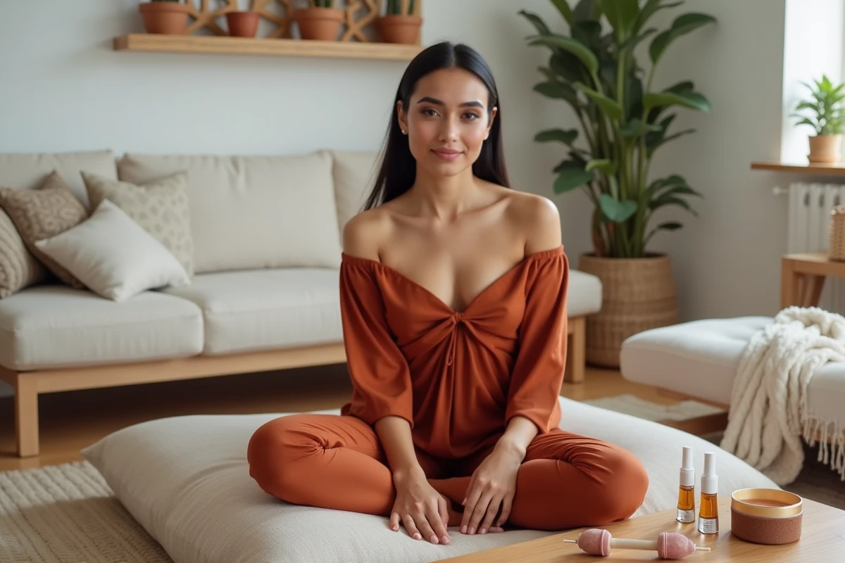 Influenceuse beauté présentant un maquillage marocain moderne avec des produits naturels au ghassoul et à l'huile d'argan