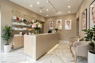 Intérieur d'un institut de beauté moderne en Seine-Saint-Denis avec accueil élégant et produits de soin exposés