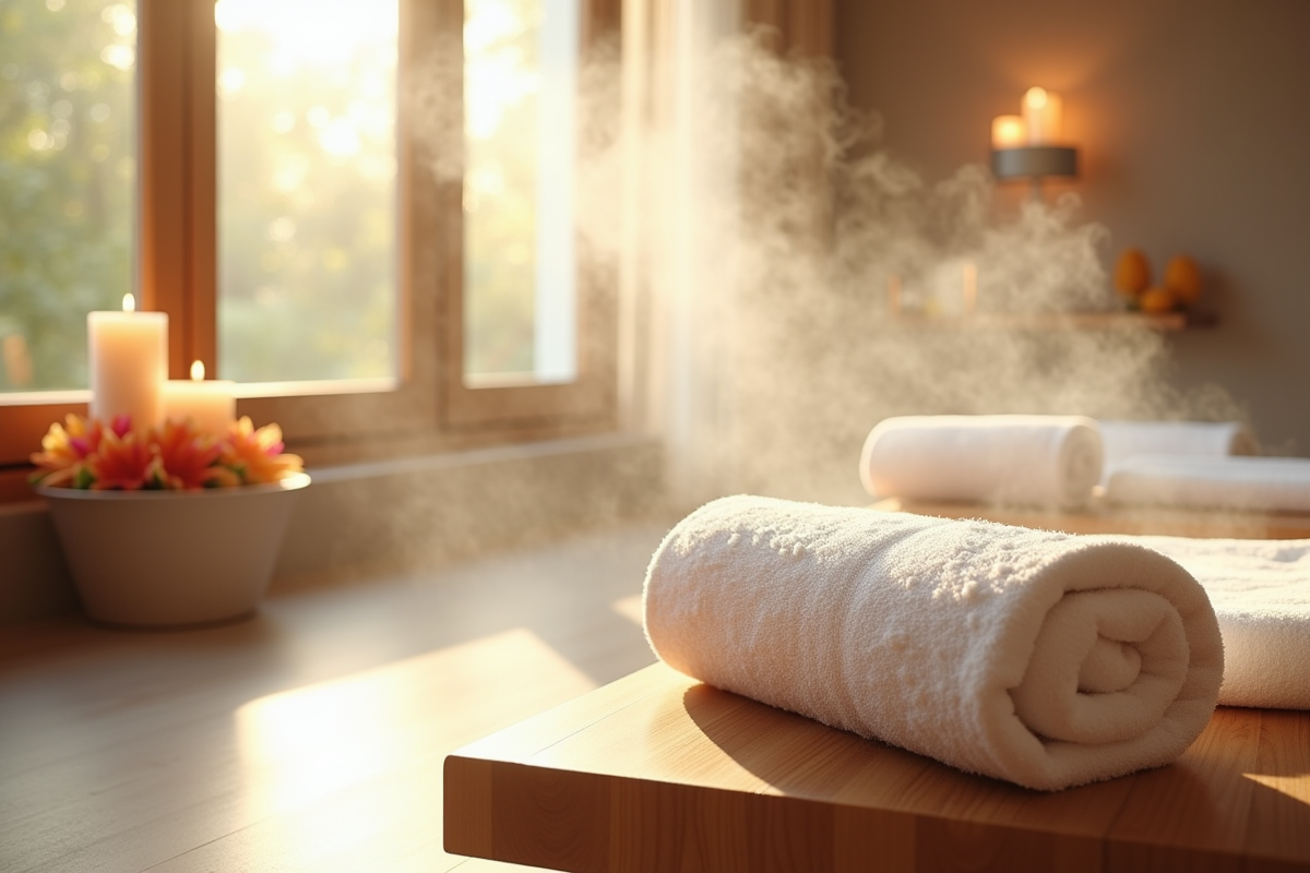 Intérieur de spa serein avec serviette blanche et bougies