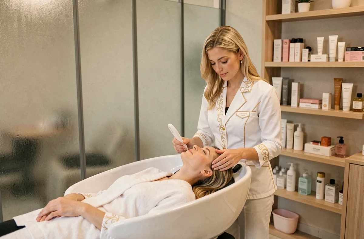 Professionnelle de l'institut Isana à Annemasse réalisant un soin capillaire sur une cliente dans un espace mêlant salon de coiffure et institut de beauté