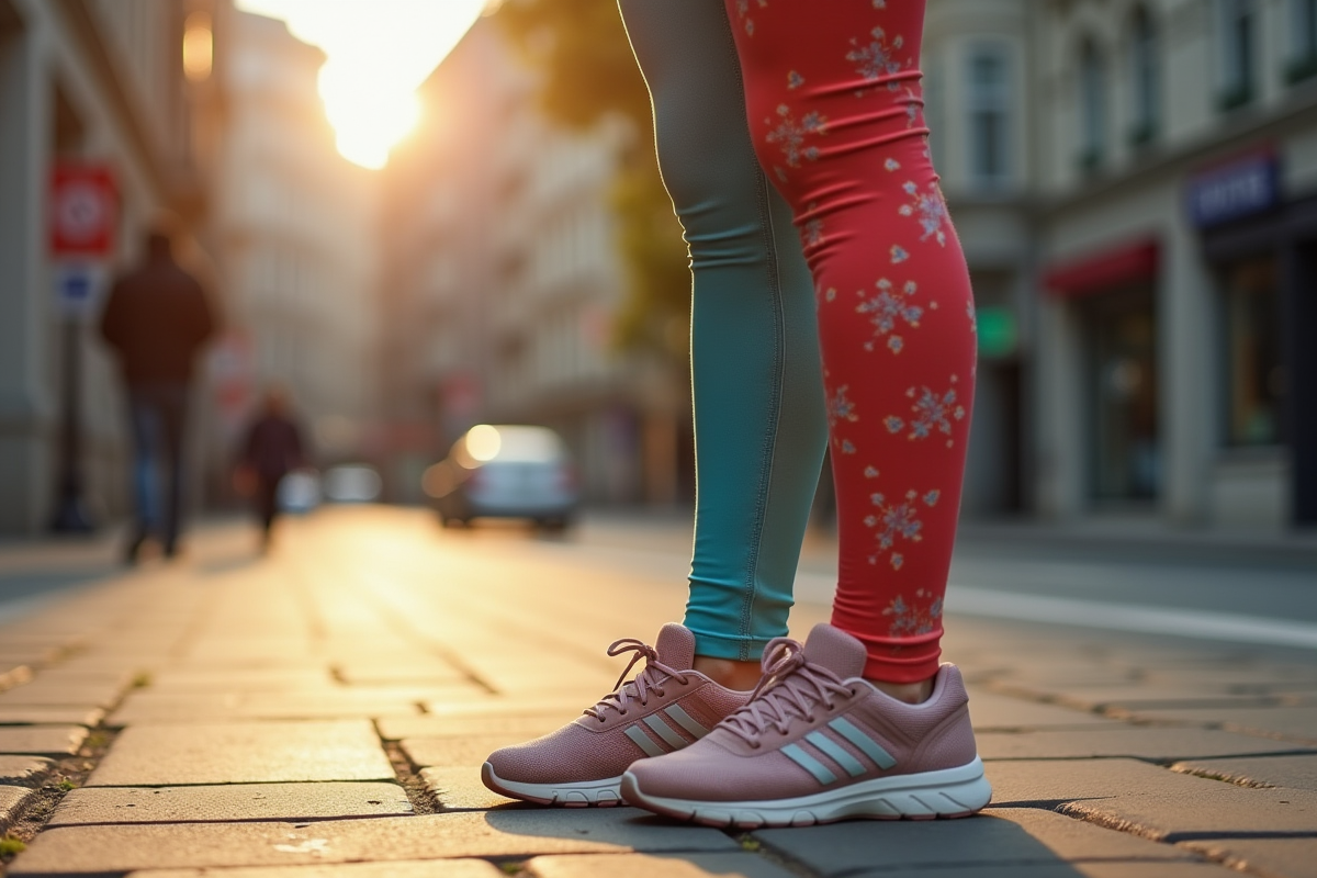 Jambes en leggings colorés avec usure sur un trottoir en ville