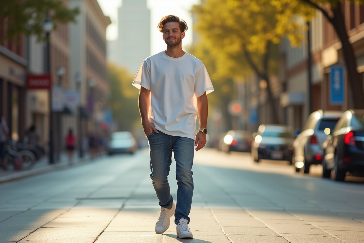 Jeune adulte marchant dans la ville en tshirt ample en plein jour