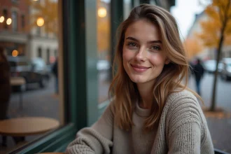 Jeune femme aux yeux hazelgreen souriant pr&egrave;s d'un caf&eacute; en automne