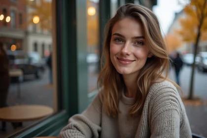 Jeune femme aux yeux hazelgreen souriant près d'un café en automne