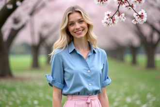 Jeune femme blonde souriante dans un parc en fleurs