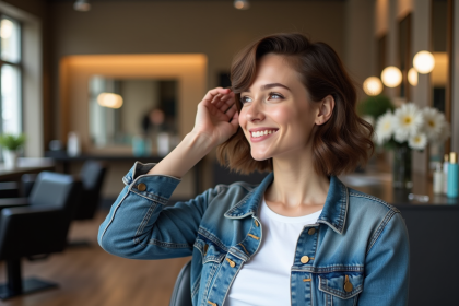 Jeune femme souriante avec coupe textured bob en salon urbain