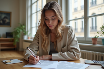 Jeune femme mod&egrave;le lisant un contrat dans un studio parisien