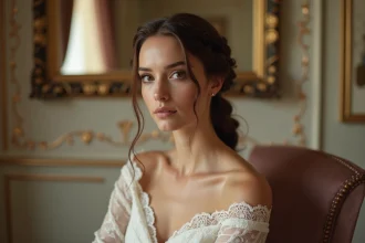Jeune femme en robe de dentelle avec nattes collées élégantes
