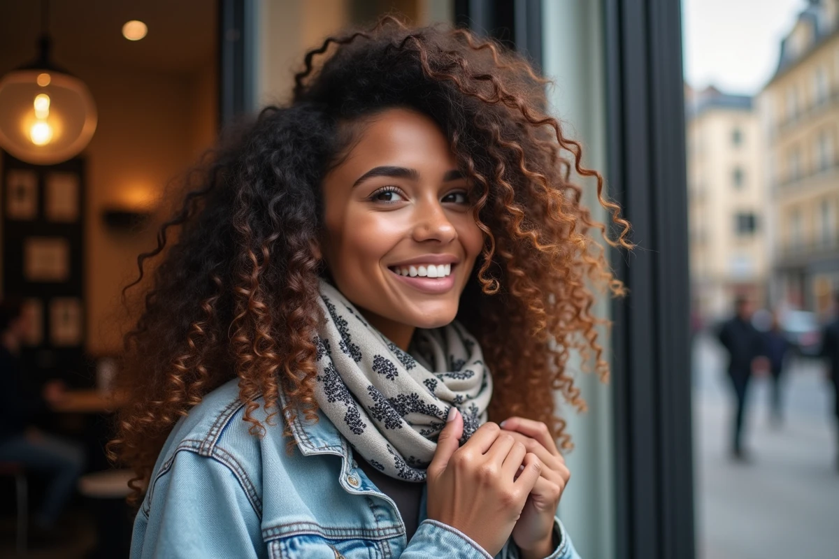 Jeune femme souriante avec boucles dans la rue lyonnaise
