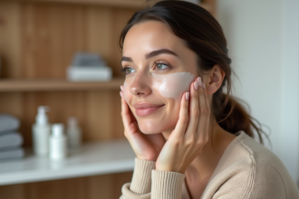 Jeune femme appliquant un primer matifiant sur ses joues
