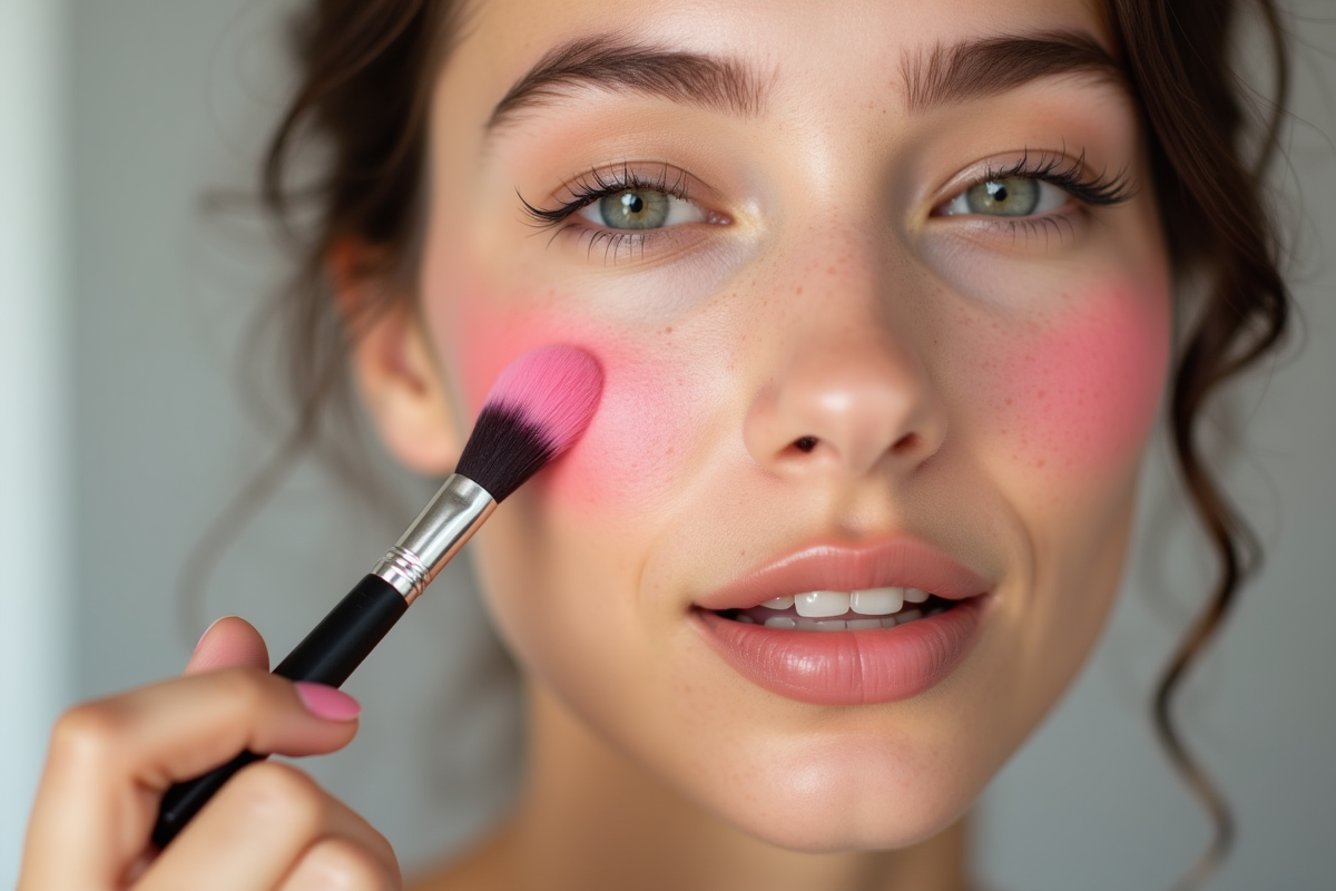 Jeune femme appliquant du blush sur ses joues avec douceur