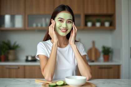 Jeune femme appliquant un masque de concombre visage