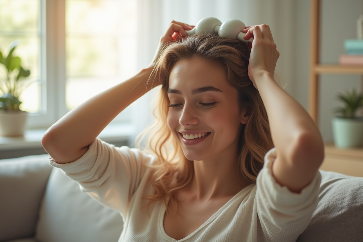 Jeune femme relaxe en massant son cuir chevelu dans un salon lumineux